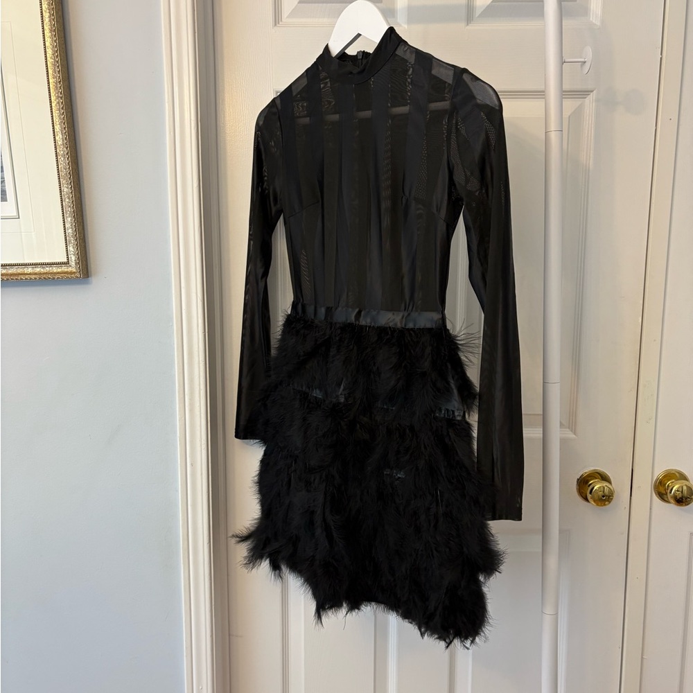PrettyLittleThing Black Semi Sheer Feathered Long Sleeve Dress Size 0 - Picture 8 of 14